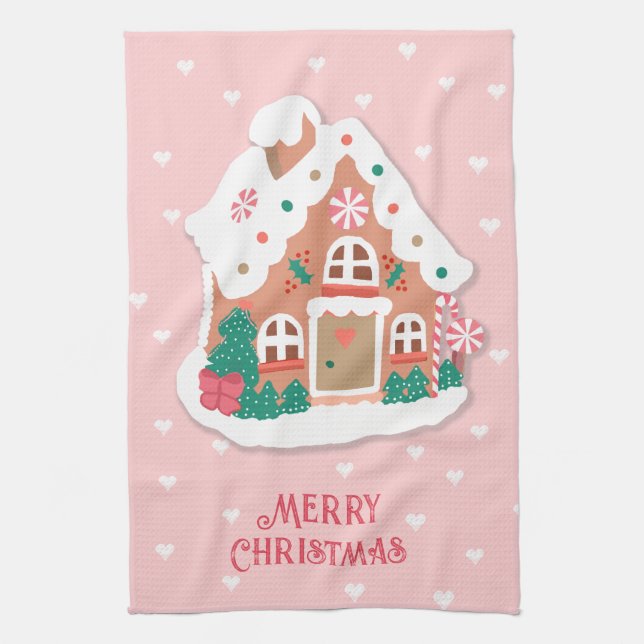 Frohe Weihnachten Niedlich Pink Snowy Gingerbread  Geschirrtuch (Vertikal)