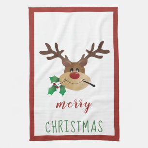 Frohe Weihnachten Niedlich Reindeer Mistletoe Red  Geschirrtuch