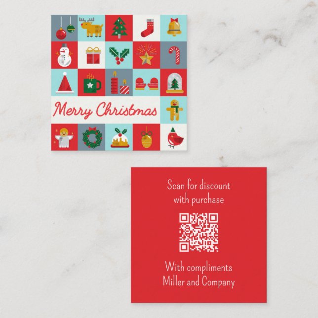 Frohe Weihnachten Niedlich Retro Winter QR Code Quadratische Visitenkarte (Vorne/Hinten)