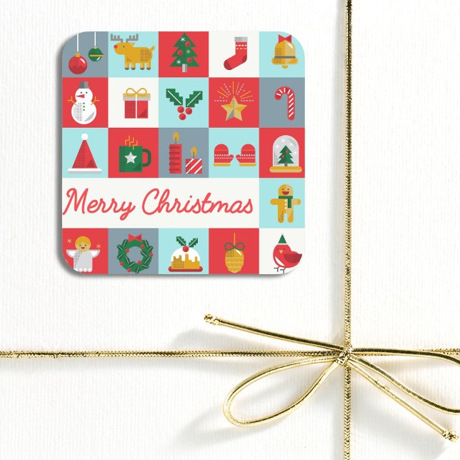 Frohe Weihnachten Niedlich Retro Winter Weihnachts Quadratischer Aufkleber (Von Creator hochgeladen)
