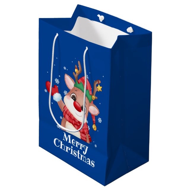 Frohe Weihnachten Niedlich Rudolph The Red Nose Re Mittlere Geschenktüte (Vorderseite Schrägansicht)