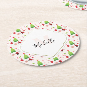 Frohe Weihnachten Niedlich Santa Monogram Runder Pappuntersetzer
