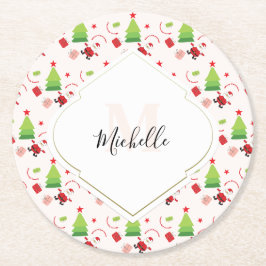 Frohe Weihnachten Niedlich Santa Monogram Runder Pappuntersetzer