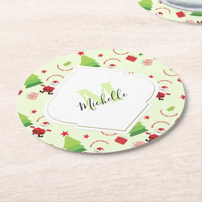 Frohe Weihnachten Niedlich Santa Monogram Runder Pappuntersetzer (Angewinkelt)