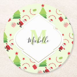 Frohe Weihnachten Niedlich Santa Monogram Runder Pappuntersetzer