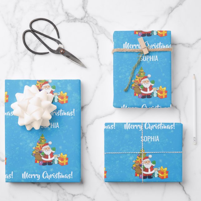Frohe Weihnachten Niedlich Santa Personalize Name  Geschenkpapier Set (Vorderseite)