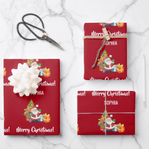 Frohe Weihnachten Niedlich Santa Personalize Name Geschenkpapier Set