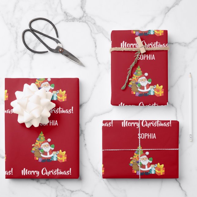 Frohe Weihnachten Niedlich Santa Personalize Name  Geschenkpapier Set (Vorderseite)