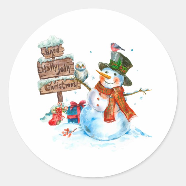 Frohe Weihnachten Niedlich Snowman und Vögel Runder Aufkleber (Vorderseite)