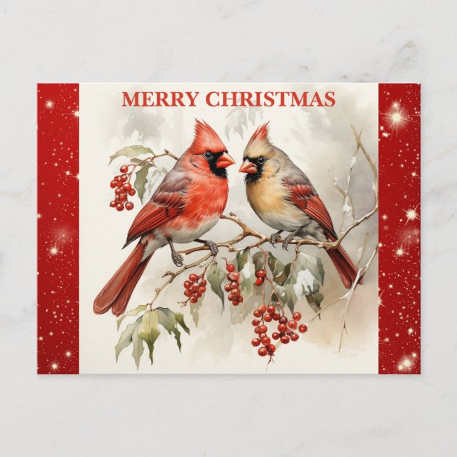 Frohe Weihnachten Niedlich Watercolor Kardinal Postkarte (Vorderseite)