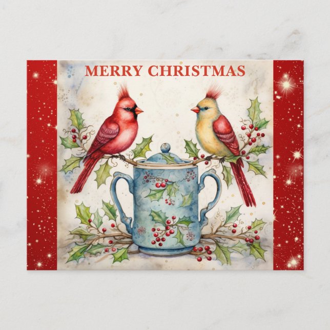 Frohe Weihnachten Niedlich Watercolor Kardinal Postkarte (Vorderseite)