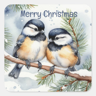 Frohe Weihnachten Niedliche Chickadee Birds Quadratischer Aufkleber