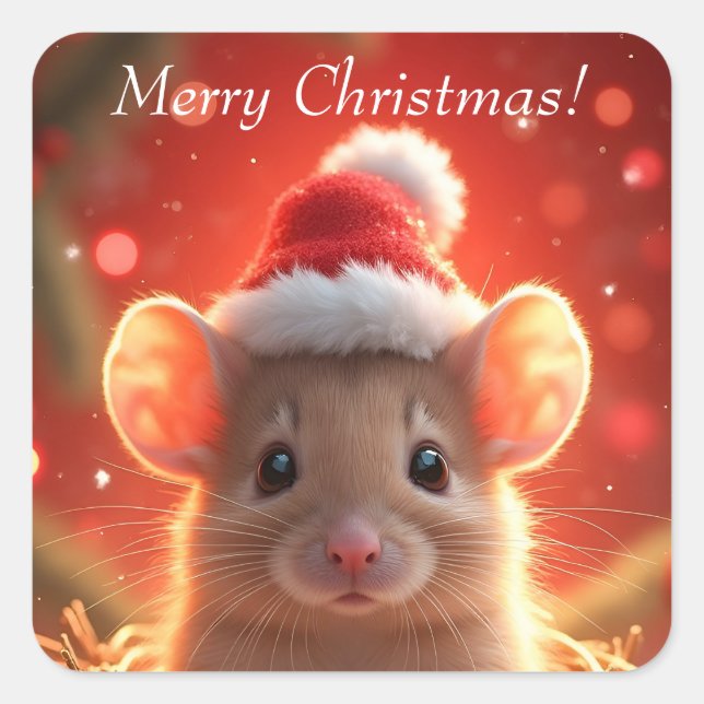 Frohe Weihnachten - Niedliche Maus in Weihnachtsma Quadratischer Aufkleber (Vorderseite)