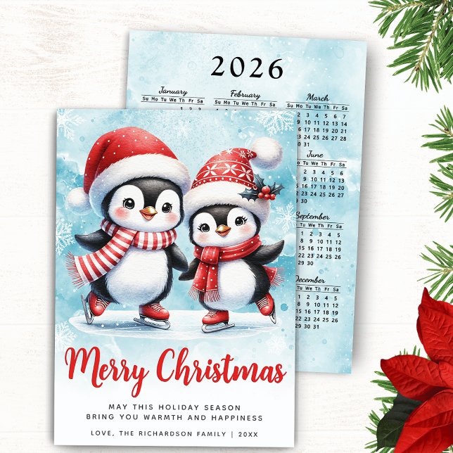 Frohe Weihnachten Niedliche Penguin Ice Skater Red (Merry Christmas Holiday Card with Cute Penguins Ice Skaters and 2026 Calendar, Red and Blue Design)
