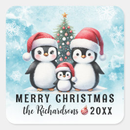 Frohe Weihnachten Niedliche Pinguine Blau und Rot  Quadratischer Aufkleber