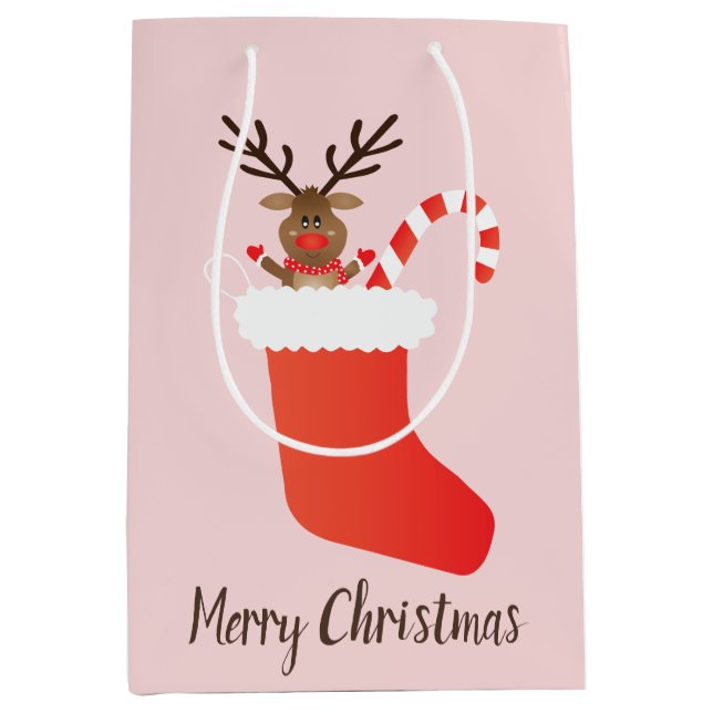 Frohe Weihnachten Niedliche Rentier im Strumpf Rot Mittlere Geschenktüte (Vorderseite)