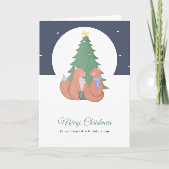 Frohe Weihnachten Niedlichen Fox Couple und Baum Karte (Vorderseite)