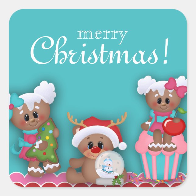 Frohe Weihnachten Niedlicher Cartoon Cupcake Aufkl Quadratischer Aufkleber (Vorderseite)