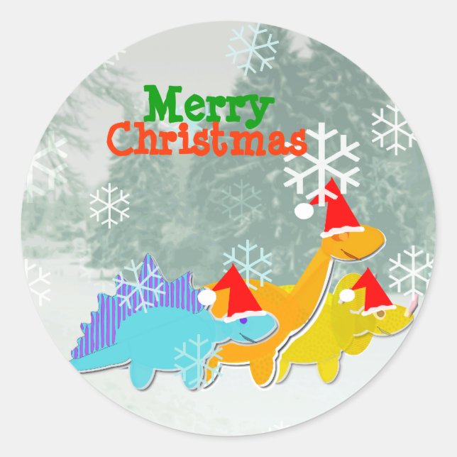 Frohe Weihnachten Niedlicher Cartoon Dinosaurier S Runder Aufkleber (Vorderseite)