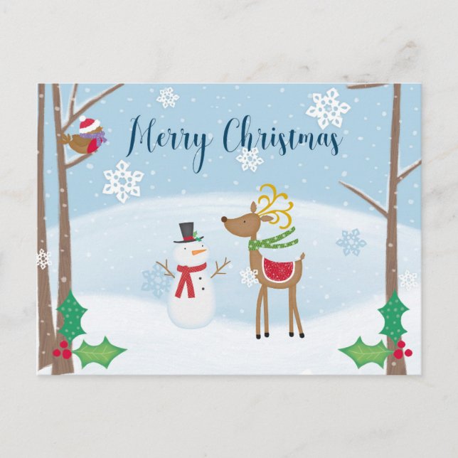 Frohe Weihnachten Niedlicher Cartoon Snowman Reind Postkarte (Vorderseite)
