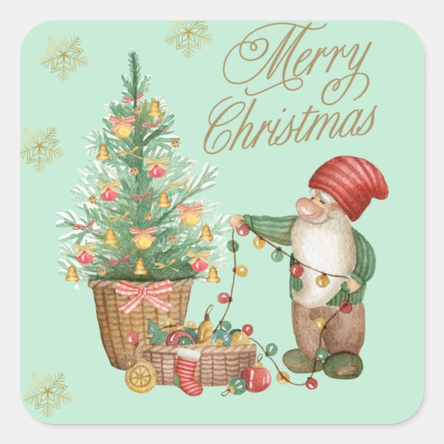 Frohe Weihnachten Niedlicher Gnome und Weihnachtsb Quadratischer Aufkleber (Vorderseite)