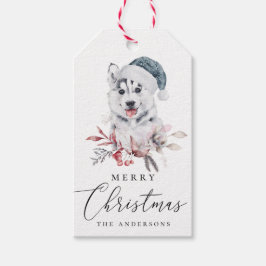 Frohe Weihnachten. Niedlicher Husthund mit Wasserf Geschenkanhänger