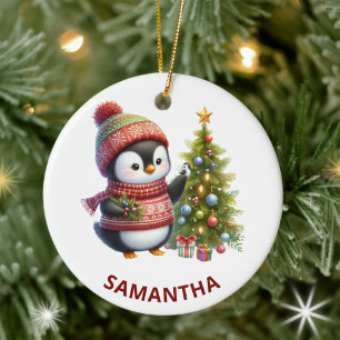 Frohe Weihnachten Niedlicher Pinguin mit Weihnacht Keramik Ornament