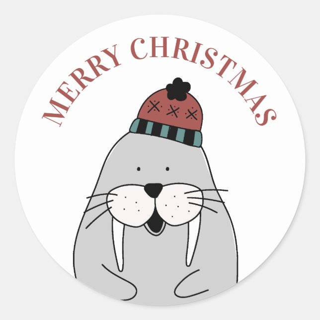 Frohe Weihnachten. Niedlicher Winterwalrus. Fantas Runder Aufkleber (Vorderseite)