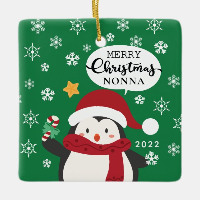 Frohe Weihnachten Nonna Penguin Keramikornament (Vorderseite)