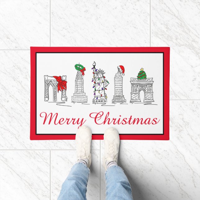 Frohe Weihnachten NYC Gebäude Sehenswürdigkeiten U Fußmatte (Indoor)