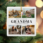 Frohe Weihnachten Oma 4 Foto Collage Keramikornament<br><div class="desc">Sage frohe Weihnachten an die Großmutter in dieser Urlaubssaison mit einem personalisierten Weihnachtsschmuck mit 4 Deinen Lieblings-Fotos und Enkeln-Namen. Alle Texte in diesem Design können bearbeitet werden,  sodass Sie Ihre eigene Nachricht oder Ihren eigenen Text hinzufügen können. Erhältlich in verschiedenen Farben,  Stilen und Produkten.</div>