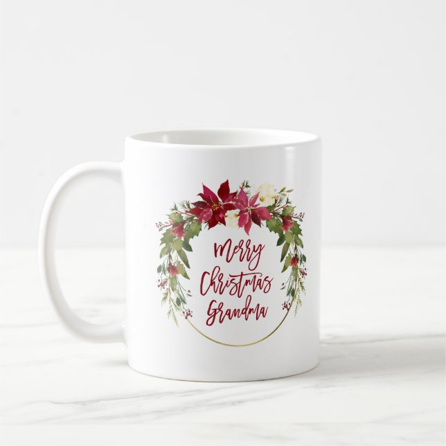 Frohe Weihnachten Oma | Blumenstrauß mit Gold Kaffeetasse (Links)