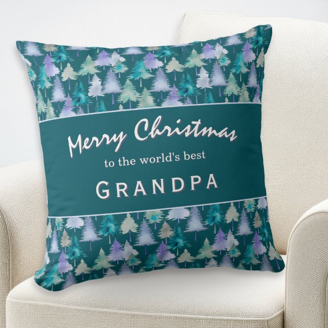 Frohe Weihnachten Opa Wasserfarben Bäume Custom Kissen (A stylish pillow for the 'World's Best Grandpa', with jade and lilac Christmas trees pattern)