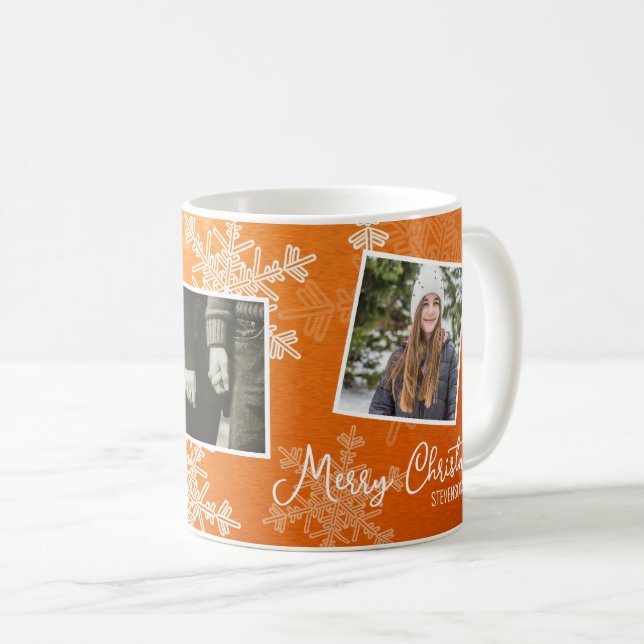 Frohe Weihnachten Orange Snowflakes Foto Collage Kaffeetasse (VorderseiteRechts)