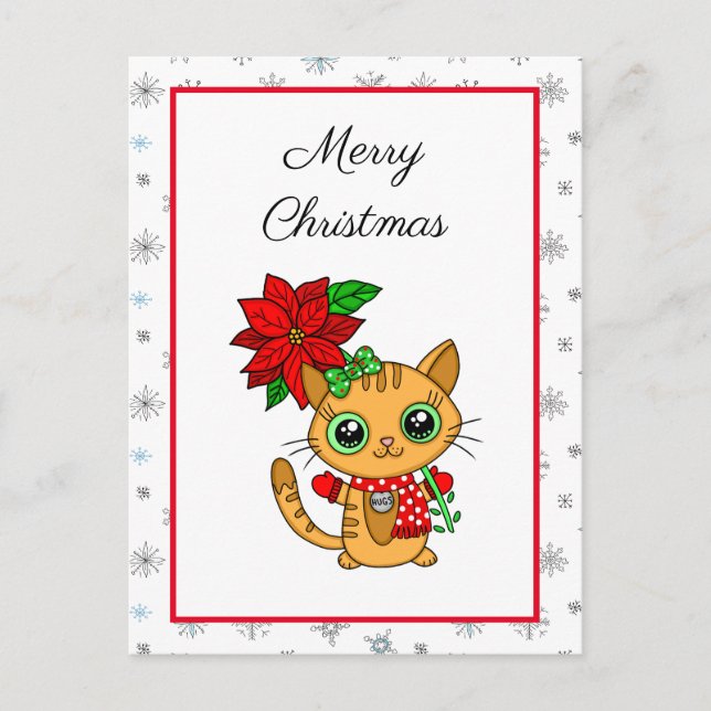 Frohe Weihnachten | Orangefarbene Katze mit Poinse Postkarte (Vorderseite)