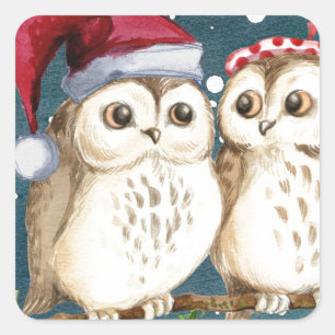 Frohe Weihnachten Owls Quadratischer Aufkleber