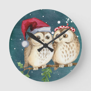 Frohe Weihnachten Owls Runde Wanduhr