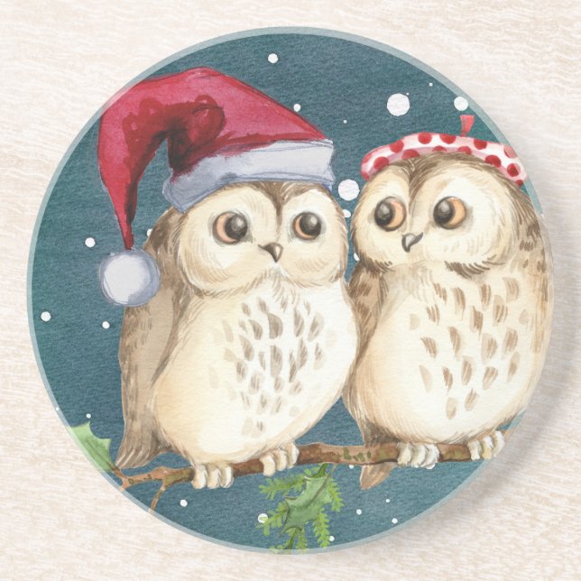 Frohe Weihnachten Owls Sandstein Untersetzer (Vorne)