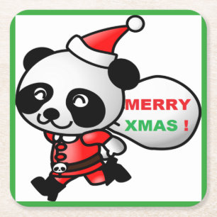 "FROHE WEIHNACHTEN" PANDA-BÄR WEIHNACHTSMANN RECHTECKIGER PAPPUNTERSETZER