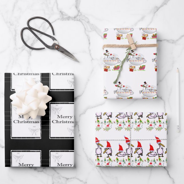 Frohe Weihnachten Pelican Wrapping Paper Sheets Geschenkpapier Set (Vorderseite)