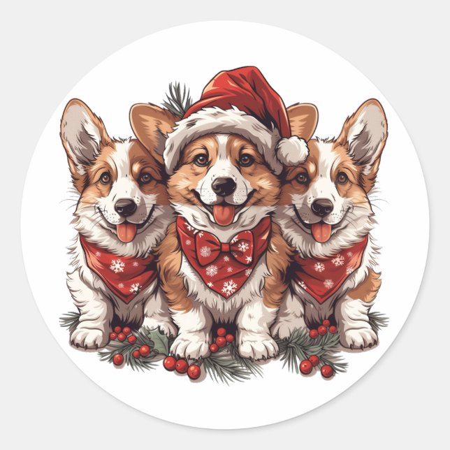 Frohe Weihnachten Pembroke Welsh Corgi Welpen Runder Aufkleber (Vorderseite)