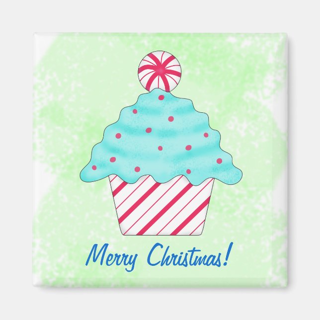 Frohe Weihnachten Peppermint Cupcake Art Green Magnet (Vorne)