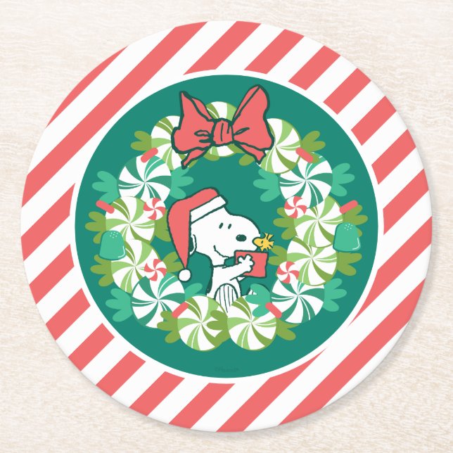 Frohe Weihnachten Peppermint Holiday Wreath Runder Pappuntersetzer (Vorderseite)