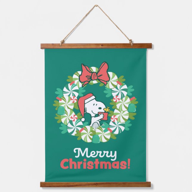 Frohe Weihnachten Peppermint Holiday Wreath Wandteppich Mit Holzrahmen (Vorderseite)