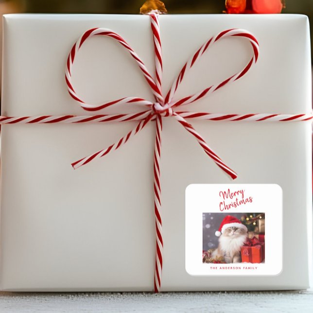 Frohe Weihnachten Personalisiert Cat Foto Urlaub Quadratischer Aufkleber (Von Creator hochgeladen)