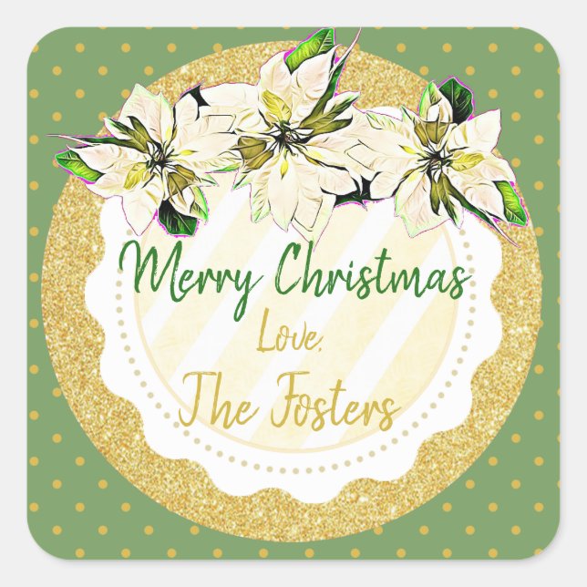 Frohe Weihnachten Personalisiert Poinsettia Sticke Quadratischer Aufkleber (Vorderseite)