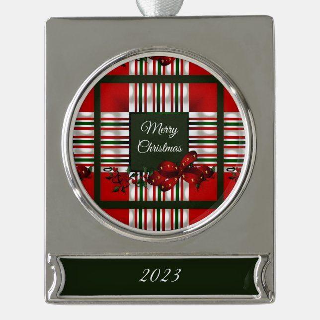 Frohe Weihnachten Personalisierte Metallverzierung Banner-Ornament Silber (Vorderseite)