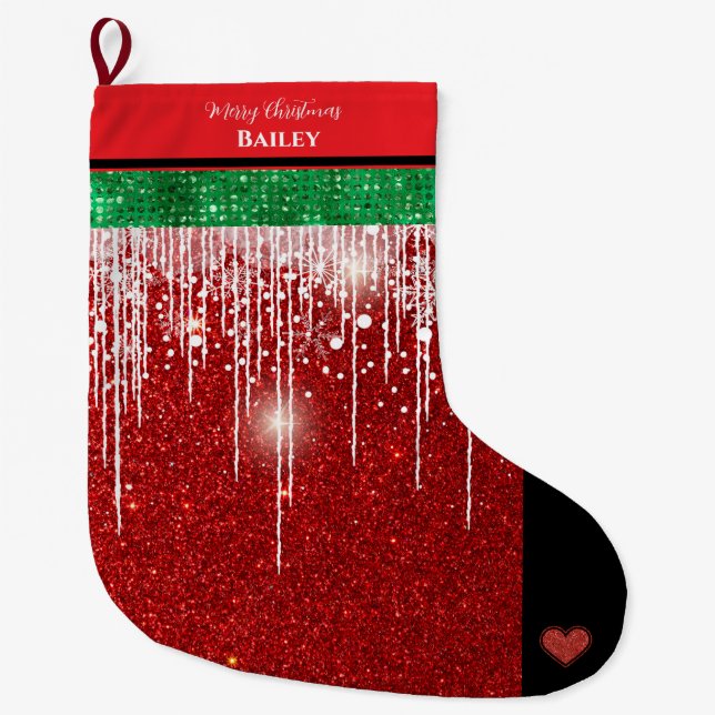Frohe Weihnachten Personalisierter Name Rot und Gr Großer Weihnachtsstrumpf (Vorderseite)