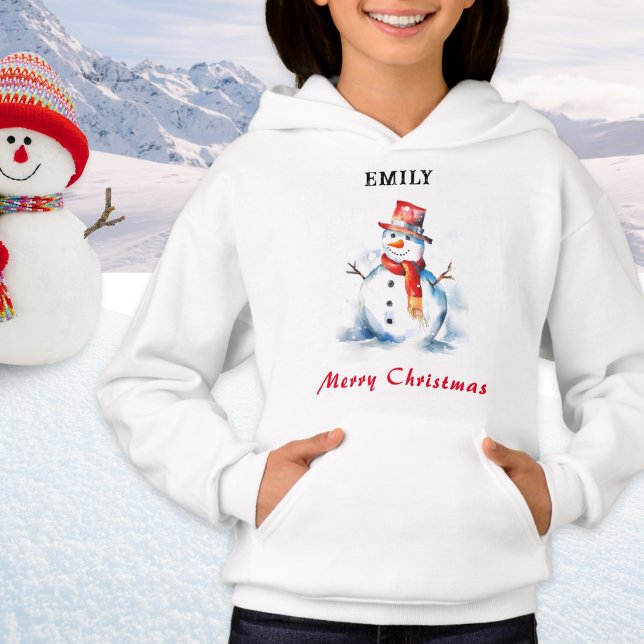 Frohe Weihnachten Personalisierter Schneemann Hoodie (A personalized hoodie with snowman illustration in watercolor style and 'Merry Christmas' greeting)