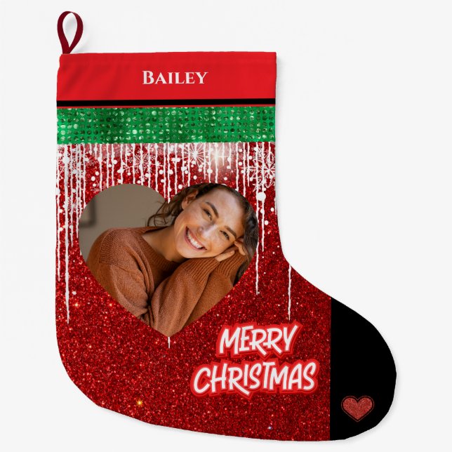 Frohe Weihnachten Personalisiertes Herz Foto und N Großer Weihnachtsstrumpf (Vorderseite)